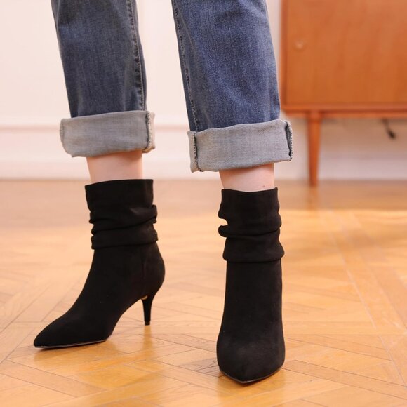 Women Slouch Ankle Boot with Fashion Mid Stiletto Heels Pointed Toe Bootie Black - Picture 8 of 8